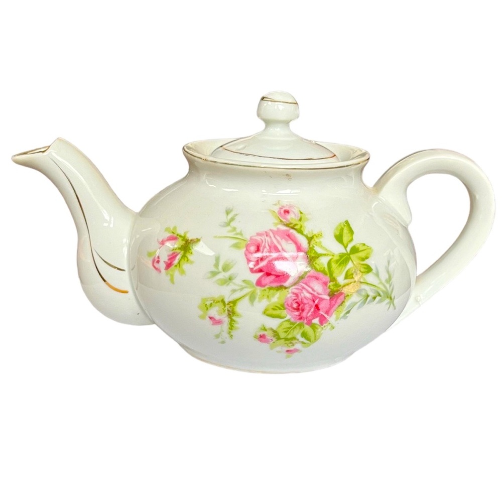 Vintage Porcelain China Floral Rose Gold Trim Teapot Made in Occupied Japan 5”